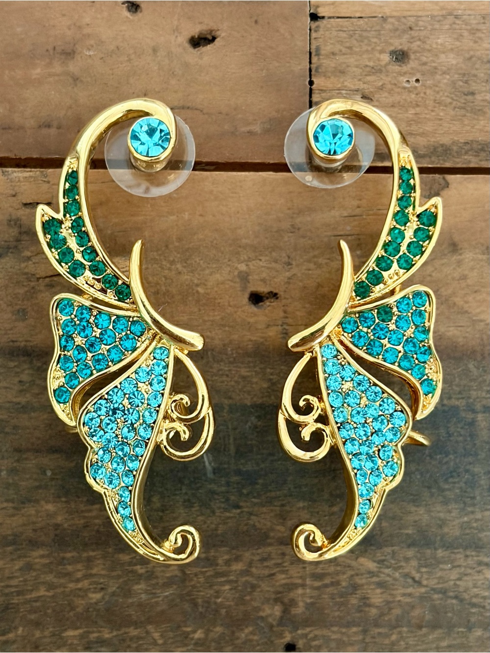GOLD CRYSTAL BUTTERFLY WING ELF WAR CUFFS – AQUA & GREEN RHINESTONE WRAP EARRING